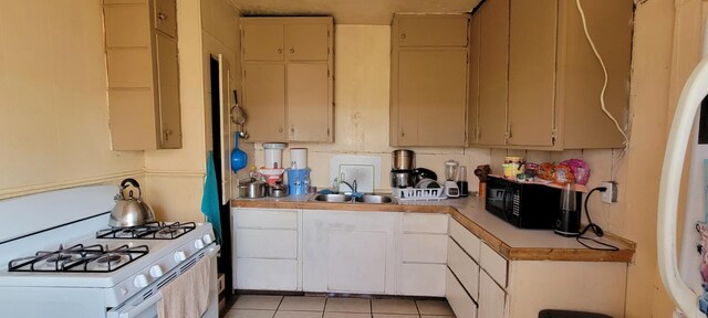 10691 Jones St, Riverdale, CA 93656 - kitchen featuring white gas stove, light countertops, light tile patterned floors, and black microwave