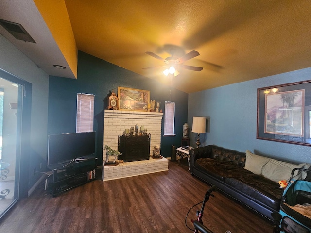 36883 Cloverleaf Ave, Madera, CA 93636 - living room with wood finished floors, a ceiling fan, a brick fireplace, and lofted ceiling