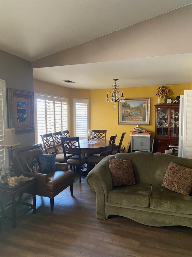 36883 Cloverleaf Ave, Madera, CA 93636 - living area featuring wood finished floors, a chandelier, and lofted ceiling