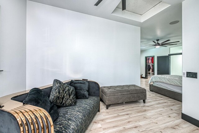 1292 E Valley Forge Dr, Fresno, CA 93720 - living area with attic access, light wood-style flooring, and ceiling fan