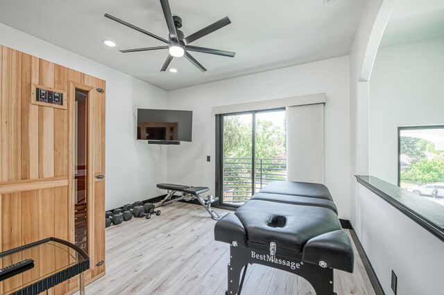 1292 E Valley Forge Dr, Fresno, CA 93720 - workout room featuring wood finished floors, a ceiling fan, and recessed lighting