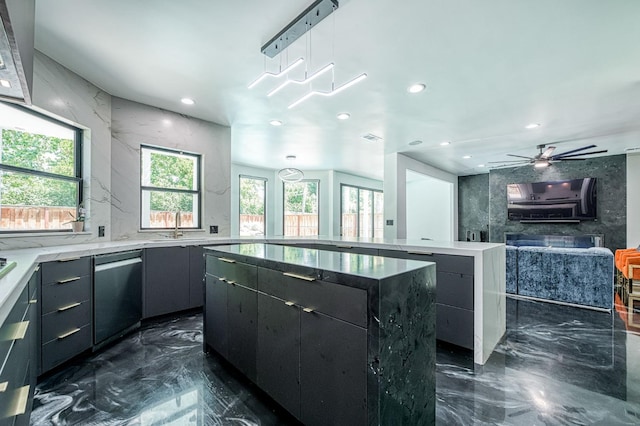 1292 E Valley Forge Dr, Fresno, CA 93720 - kitchen with dishwasher, a kitchen island, dark marble finish floors, recessed lighting, and a ceiling fan