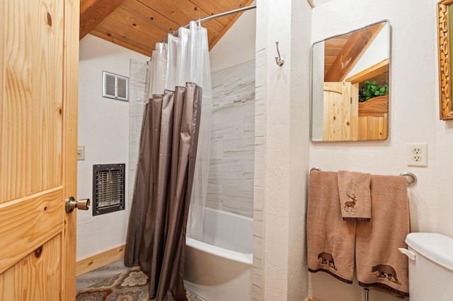 42215 Rock Ledge Rd, Shaver Lake, CA 96161 - bathroom featuring shower / bath combo, vaulted ceiling, and wood ceiling