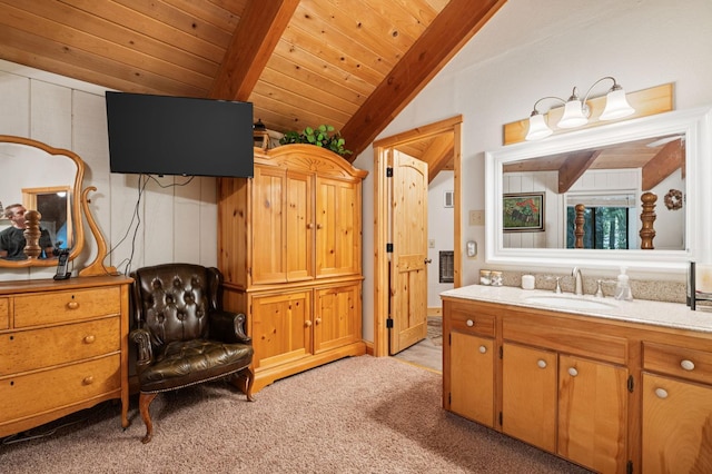 42215 Rock Ledge Rd, Shaver Lake, CA 96161 - living area featuring light carpet and wooden ceiling