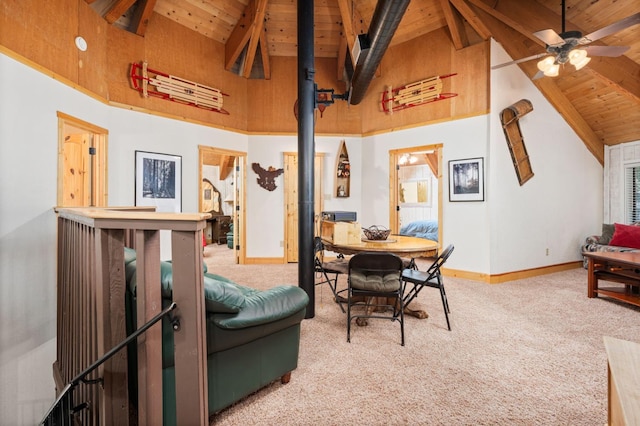 42215 Rock Ledge Rd, Shaver Lake, CA 96161 - carpeted dining area featuring a wooden ceiling with exposed beams, ceiling fan, and high vaulted ceiling