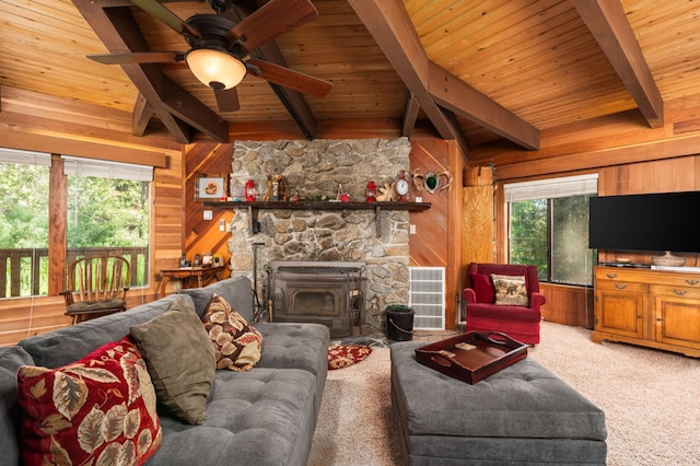42215 Rock Ledge Rd, Shaver Lake, CA 96161 - living room featuring wooden walls, wooden ceiling, ceiling fan, and carpet