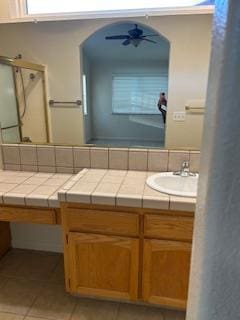 220 S Double Tree Way, Madera, CA 93637 - full bath featuring vanity, a shower stall, tile patterned floors, and a ceiling fan