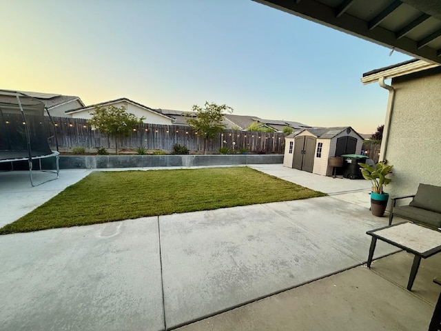 825 Spring St W, Madera, CA 93636 - fenced backyard with a trampoline, a storage shed, and a patio area