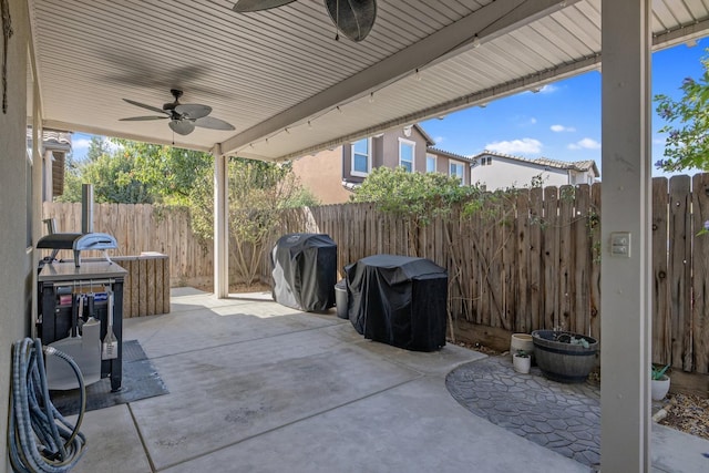 11337 N Cherry Sage Ave, Fresno, CA 93730 - fenced backyard with a ceiling fan, a grill, and a patio area