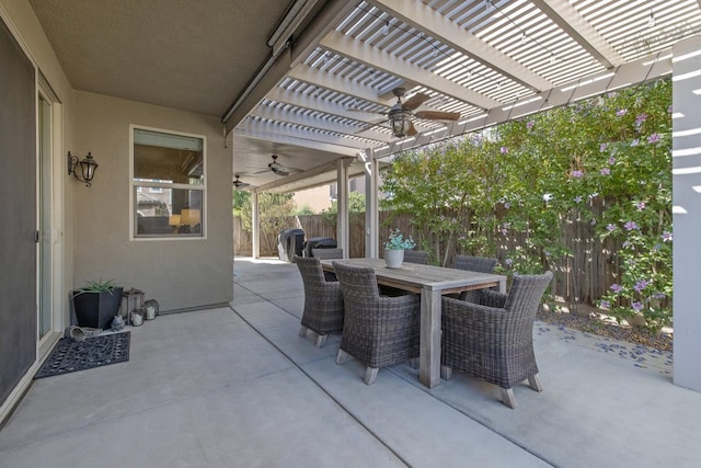 11337 N Cherry Sage Ave, Fresno, CA 93730 - fenced backyard featuring ceiling fan, a pergola, outdoor dining area, and a patio area