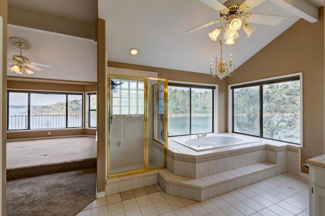 27415 Sky Harbour Rd, Friant, CA 93626 - full bathroom with tile patterned flooring, a garden tub, a shower stall, ceiling fan, and recessed lighting