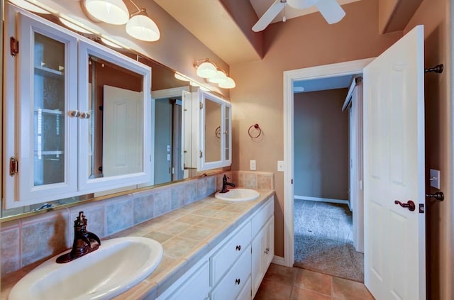 27415 Sky Harbour Rd, Friant, CA 93626 - bathroom with double vanity, ceiling fan, and tile patterned floors