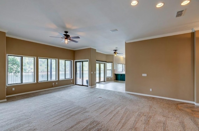 27415 Sky Harbour Rd, Friant, CA 93626 - unfurnished living room with ceiling fan, carpet floors, recessed lighting, and crown molding