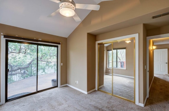 27415 Sky Harbour Rd, Friant, CA 93626 - unfurnished bedroom featuring access to outside, carpet floors, a closet, lofted ceiling, and a ceiling fan