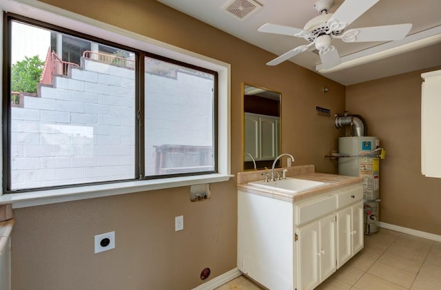 27415 Sky Harbour Rd, Friant, CA 93626 - laundry area with electric dryer hookup, strapped water heater, light tile patterned floors, and ceiling fan