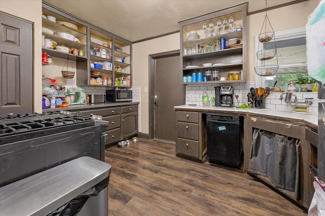 4832 E Illinois Ave, Fresno, CA 93727 - kitchen with black appliances, open shelves, tasteful backsplash, dark wood-style flooring, and light countertops