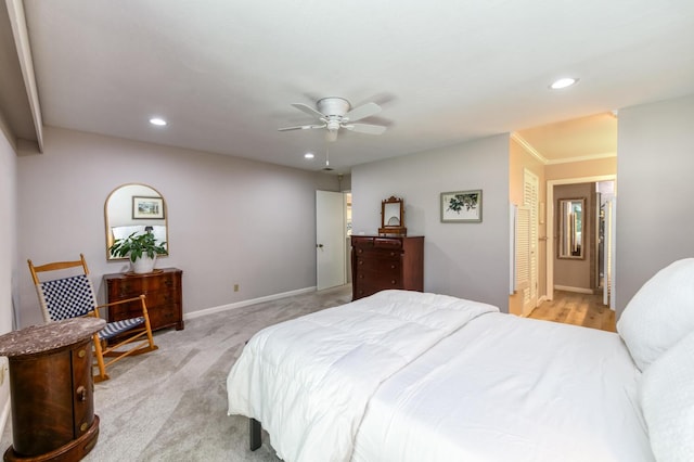 5039 N Van Ness Blvd, Fresno, CA 93711 - bedroom featuring recessed lighting, a ceiling fan, light carpet, and crown molding