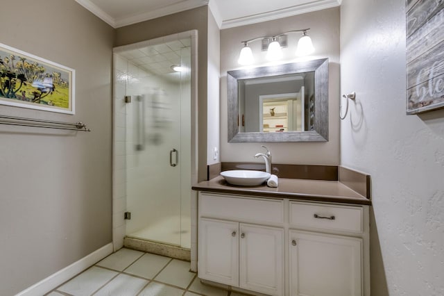 5039 N Van Ness Blvd, Fresno, CA 93711 - bathroom with vanity, crown molding, a shower stall, and tile patterned flooring