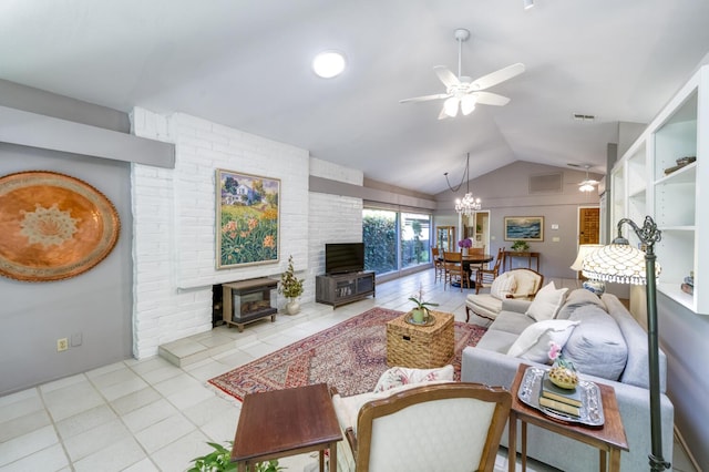 5039 N Van Ness Blvd, Fresno, CA 93711 - living room featuring vaulted ceiling, a ceiling fan, tile patterned flooring, a wood stove, and a chandelier
