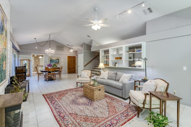 5039 N Van Ness Blvd, Fresno, CA 93711 - living area with lofted ceiling, a ceiling fan, and rail lighting