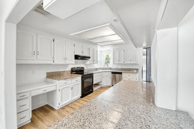 4611 N Safford Ave, Fresno, CA 93704 - kitchen featuring black range with electric cooktop, dishwasher, under cabinet range hood, white cabinets, and light wood finished floors