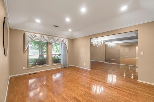 3547 W Locust Ave, Fresno, CA 93711 - unfurnished room featuring ornamental molding, wood finished floors, recessed lighting, and a chandelier