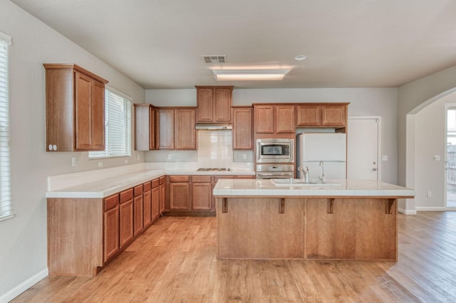 5516 N Sebastian Ln, Fresno, CA 93722 - kitchen with appliances with stainless steel finishes, light wood-type flooring, arched walkways, and tile counters