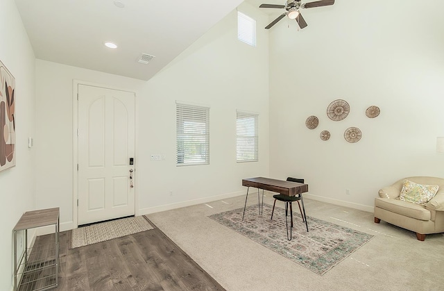 463 Mesa Dr S, Madera, CA 93636 - foyer entrance featuring ceiling fan, high vaulted ceiling, and wood finished floors