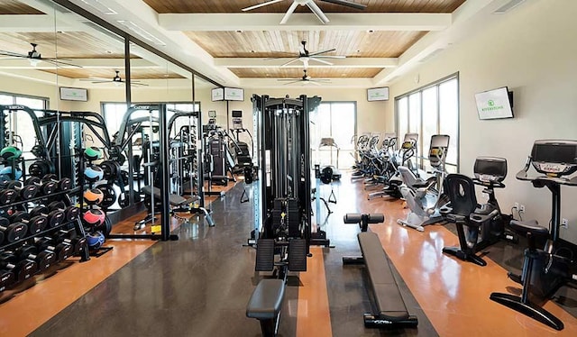 463 Mesa Dr S, Madera, CA 93636 - exercise room with ceiling fan and a wooden ceiling with exposed beams
