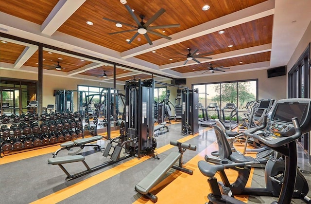 463 Mesa Dr S, Madera, CA 93636 - exercise room with a wooden ceiling with exposed beams, a ceiling fan, recessed lighting, and coffered ceiling