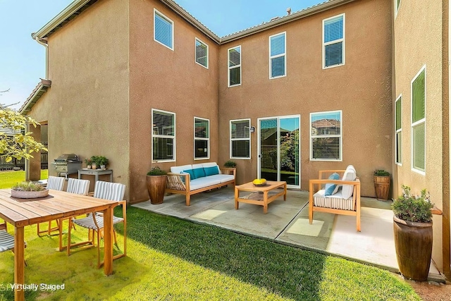 463 Mesa Dr S, Madera, CA 93636 - rear view of house with a patio area, a yard, an outdoor living space, and stucco siding