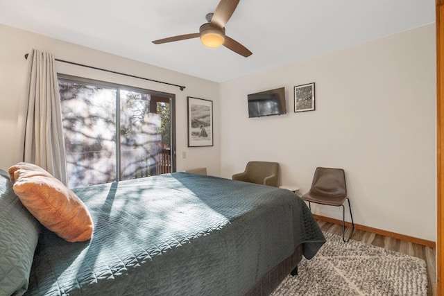 40607 Mill Run Ln Unit 72, Shaver Lake, CA 93664 - bedroom with wood finished floors, access to exterior, and a ceiling fan