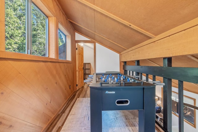 40607 Mill Run Ln Unit 72, Shaver Lake, CA 93664 - recreation room with lofted ceiling and wood finished floors