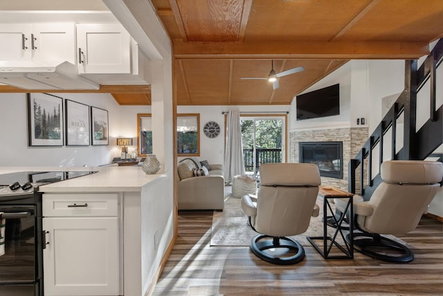 40607 Mill Run Ln Unit 72, Shaver Lake, CA 93664 - living area with wood finished floors, wood ceiling, a fireplace, and ceiling fan