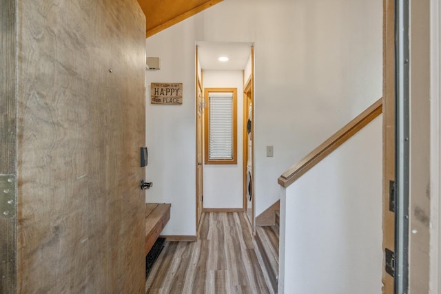 40607 Mill Run Ln Unit 72, Shaver Lake, CA 93664 - hall with wood finished floors, lofted ceiling, and stairway