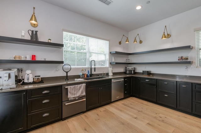 4240 Rall Ave, Clovis, CA 93619 - kitchen featuring open shelves, dishwashing machine, light wood-type flooring, and dark countertops