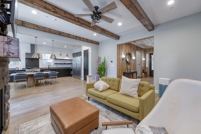 4240 Rall Ave, Clovis, CA 93619 - living area featuring a ceiling fan, light wood-type flooring, recessed lighting, and beam ceiling
