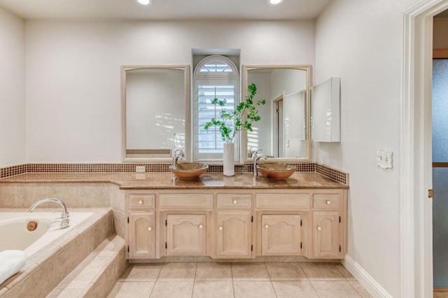7334 N Geraldine Ave, Fresno, CA 93711 - full bath with double vanity, tiled bath, tile patterned flooring, and recessed lighting