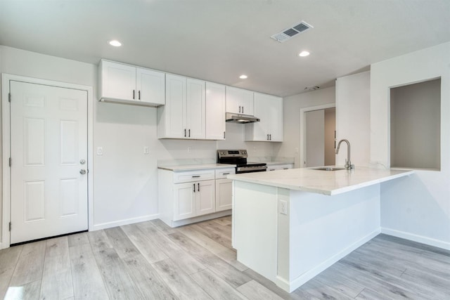 5276 N 1st St, Fresno, CA 93710 - kitchen featuring electric stove, under cabinet range hood, white cabinets, and recessed lighting