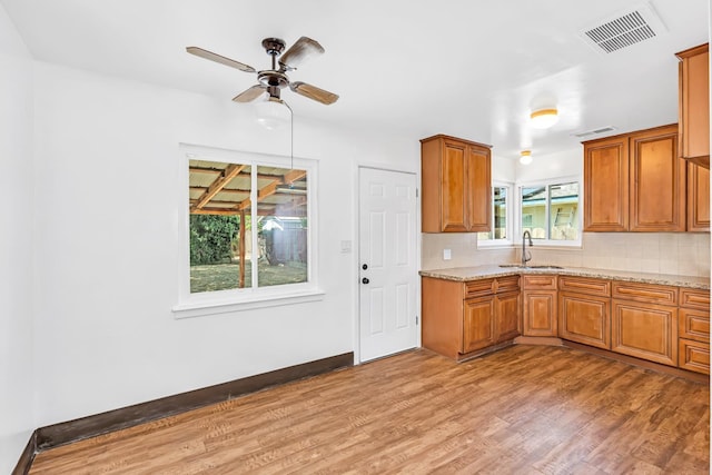 4759 E Vassar Ave, Fresno, CA 93703 - kitchen featuring light wood finished floors, brown cabinets, and a ceiling fan