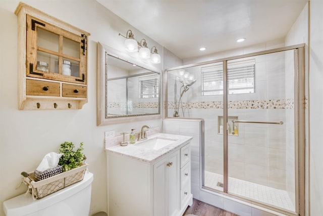 42198 Smoke Tree, Shaver Lake, CA 93664 - bathroom with vanity, a shower stall, and recessed lighting