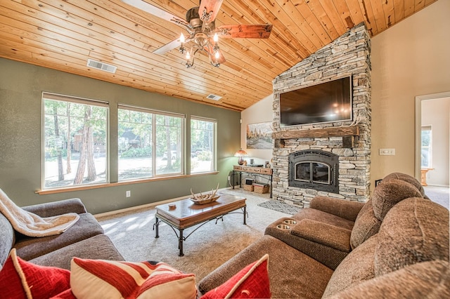 42052 Granite Ridge Rd, Shaver Lake, CA 93664 - carpeted living area with wood ceiling, ceiling fan, plenty of natural light, lofted ceiling, and a fireplace