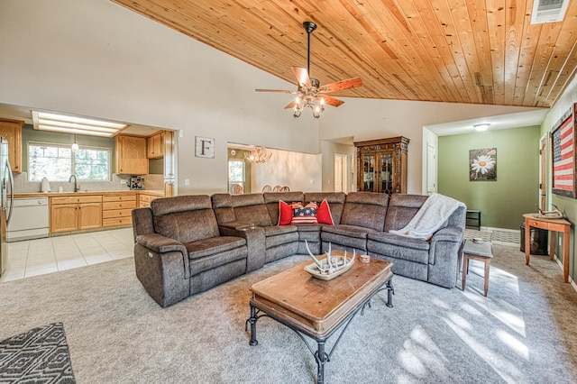 42052 Granite Ridge Rd, Shaver Lake, CA 93664 - living area featuring lofted ceiling, light colored carpet, wooden ceiling, light tile patterned floors, and ceiling fan