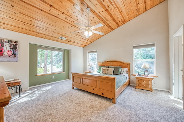 42052 Granite Ridge Rd, Shaver Lake, CA 93664 - carpeted bedroom featuring wood ceiling, high vaulted ceiling, and ceiling fan
