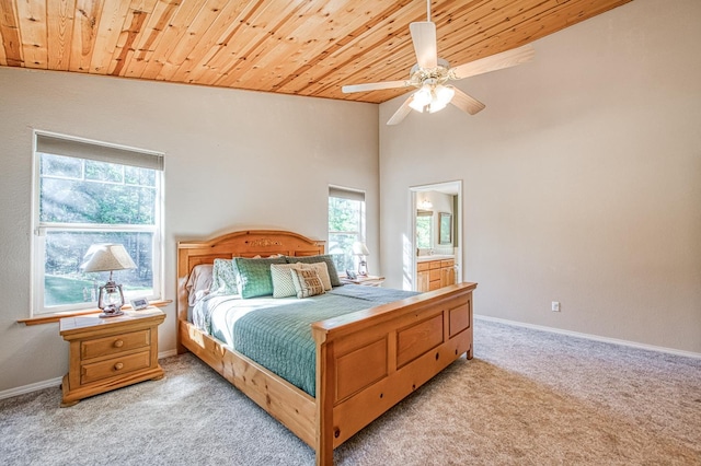 42052 Granite Ridge Rd, Shaver Lake, CA 93664 - bedroom featuring wooden ceiling, light colored carpet, connected bathroom, vaulted ceiling, and ceiling fan