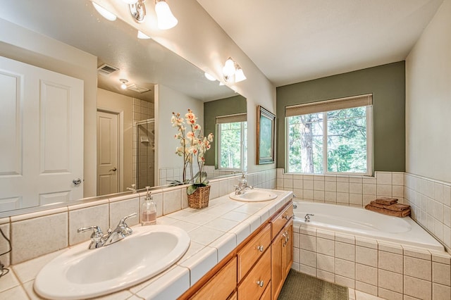 42052 Granite Ridge Rd, Shaver Lake, CA 93664 - bathroom with a bath, double vanity, and a stall shower