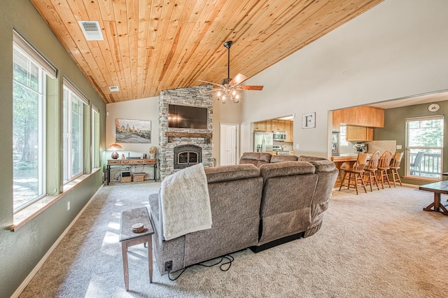 42052 Granite Ridge Rd, Shaver Lake, CA 93664 - carpeted living area featuring a ceiling fan, wood ceiling, a fireplace, and high vaulted ceiling