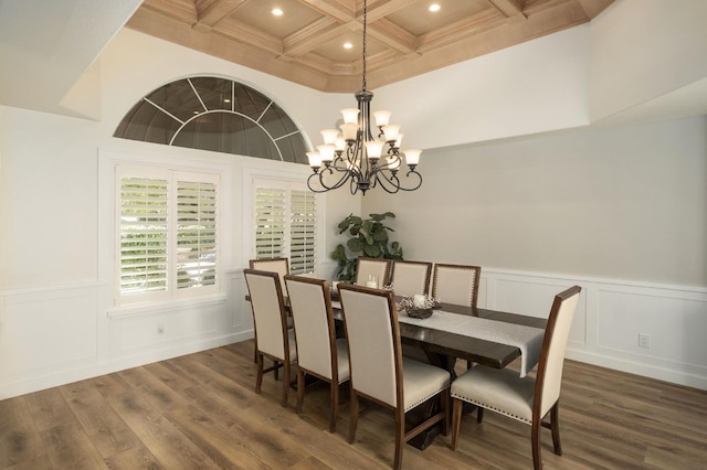 7671 N Ricewood Ave, Fresno, CA 93711 - dining room featuring beamed ceiling, coffered ceiling, a chandelier, recessed lighting, and wood finished floors