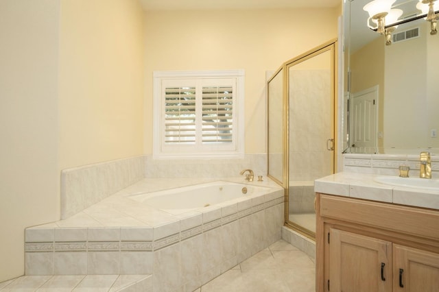 7671 N Ricewood Ave, Fresno, CA 93711 - bathroom with a bath, a shower stall, vanity, tile patterned floors, and a chandelier