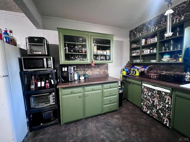 420 E Florinda St, Hanford, CA 93230 - bar area featuring stainless steel microwave, freestanding refrigerator, backsplash, and dishwasher